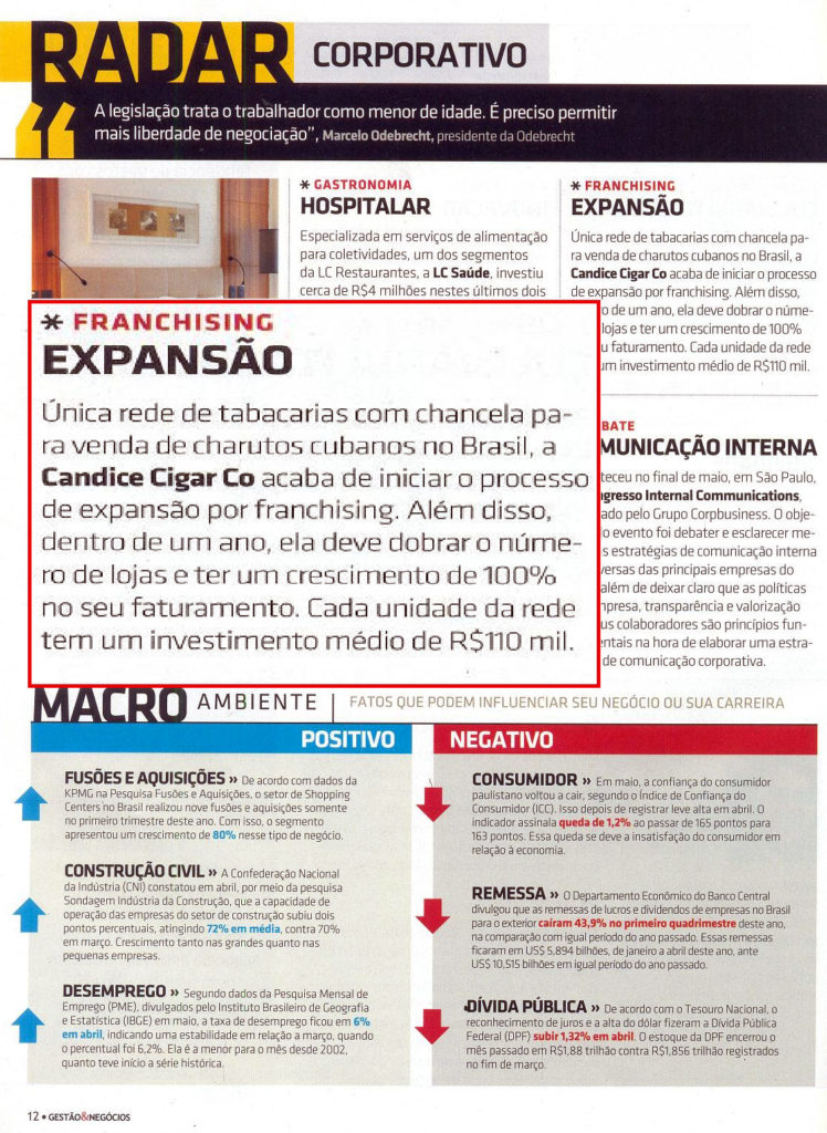 Revista Gestão & Negócios - Radar Corporativo - Franching - Candice Cigar Co