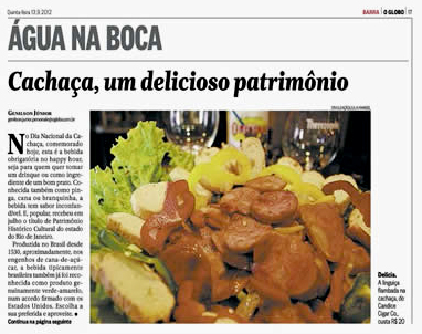 Jornal O Globo Barra - Água na Boca - Cachaça, um delicioso patrimônio - Candice Cigar Co